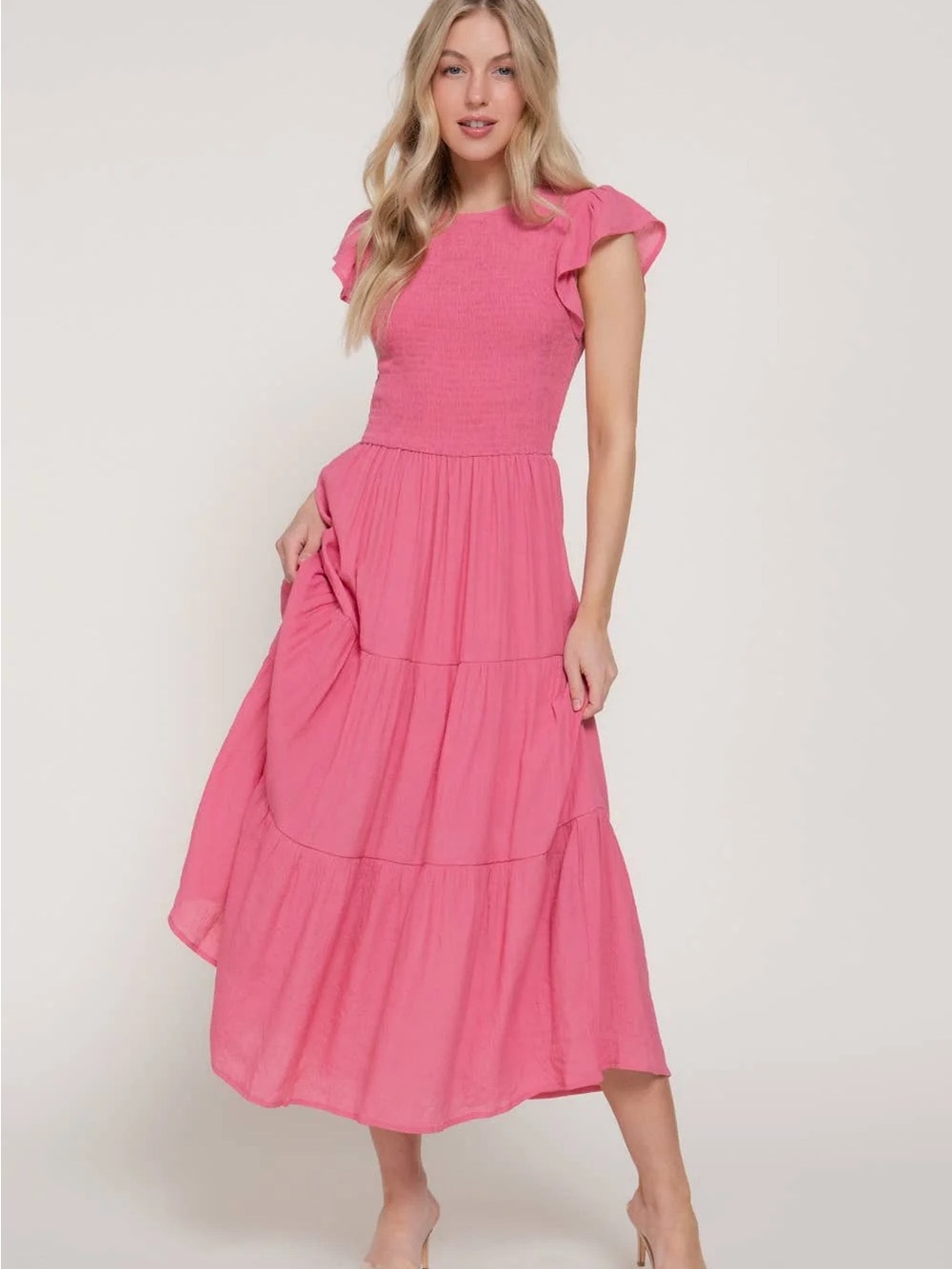 Pinch Pink Tiered Maxi Dress Ruffle Flutter Sleeve Size M
